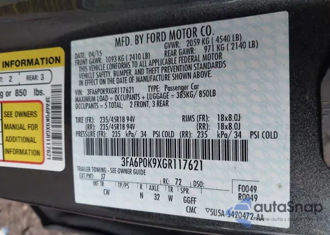 2016 Ford Fusion Titanium z USA, uszkodzony, nr VIN 3FA6P0K9XGR117621